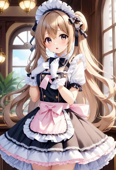 kawaii, cute, tafashion, long hair, (multilayered idol cafe dress, apron with bows, chest bow, giant waist bow, huge hair bow, gloves), (lace, frills, bows), (glossy lips, cute makeup:1.2), (curtsy:1.3),