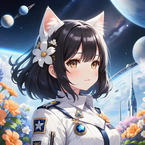 1 KAWAII cat girl. white gothic uniform, space port, flower garden, Bluesky,
black hair hair, Medium hair, brown eye, alabaster skin.
Exact Physics. Perfect anatomy, best quality. ultra detailed.