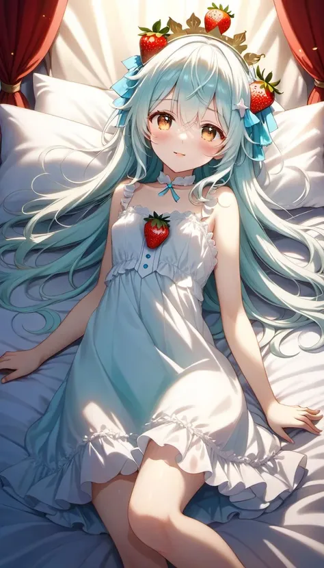Horny, White dress, lying on bed, white bed, masterpiece, best quality, aqua dress, layered on wind dress, strawberry accessory, fruits hair ornament, small breast, (white hair:1.2), cream hair, messy hair, on wind hair, long wavy hair, thin tails, brown eyes, on carnival, midnight, low light, global illumination, hdr, hd, light and shadow, high detailed