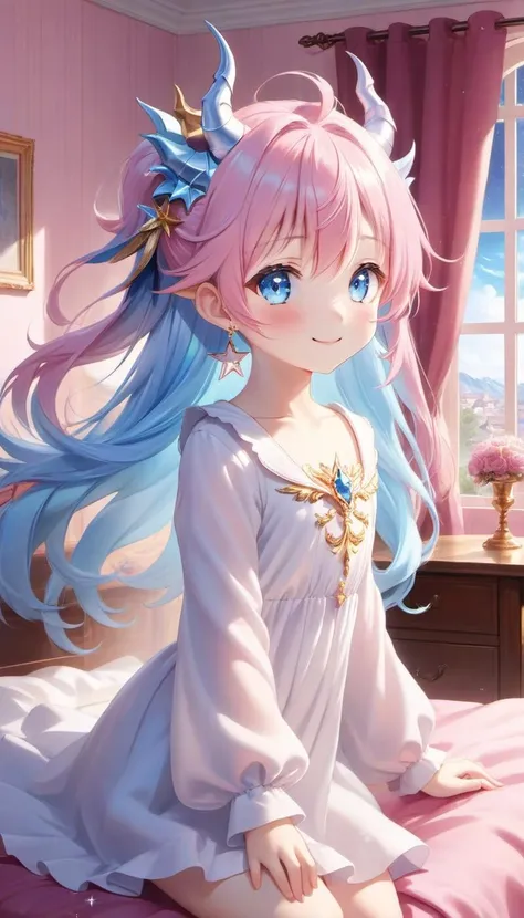 (Assymetric chiffon trapnsparent dress:1.5), (shy), (Bent over:1.5), (Reaching_towards_viewer:1.5), (Incoming_hug:1.5), (Innocent:1.5), (Yuta:1.0), (wind up skirt:1.5), (Long sleeves:1.4), (fluffy sleeves:1.4), (Wide sleeves:1.3), (star accessory on dress:1.4), (hair accessory:1.3), (hair pins:1.3), (Skirt on wind:1.5), Child face, Medium hair, (medium breast:1.4), (side ponytail:1.3), POINTY EARS, smoothing, (Hear jewel hair ornament:1.3), (beautiful:1.2), (blue eyes), space eyes, HD, extra detailed, smile, (Cute:1.1), (room background:1.4), (Pink walls:1.4), (computer table:1.2), (bed:1.4), (toys in closet:1.3), (window:1.3), transparent Pink curtains, (solo:1.5), ((Light blue hair:1.1) (Light Pink hair:1.5)), hair above cheeks:1.5), masterpiece, best quality, (white dragon horns:1), (Small breast:1.0), masterpiece, best quality