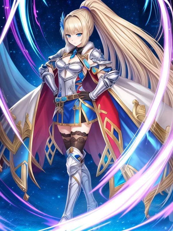 1girl, <lora:camelot_v1:0.8>camelot,blonde hair, blue eyes, high ponytail, armor, zettai ryouiki, high heel boots,, <lora:flatBG:-0.5> ,<lora:flat2:-0.5>,(dark light:1.2),(hyper extreme detailed),(masterpeace:0.5),(hyper extreme),(photorealistic),game cg,llustration,novel illustration,beautiful lighting,light from the front,good_hands,beautiful art ,BREAK, <lyco:GoodHands-beta2:1.2>,(good hand,nice hands, perfect hands:1.3),(five finger:1.4),, standing,hand on hip, BREAK