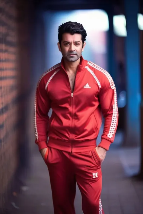 clark gable a man <lora:Barun-Sobti_Clark-Gable:1>, realistic photo in a worn ((skin-revealing skimpy erotic red tracksuit, massive hairy pecs)), abs, big pecs, big arms, bulge, VPL, ((light bokeh)), intricate, (steel metal [rust]), elegant, erotic, exuding sexual energy, homoerotic, sharp focus, photo by greg rutkowski, soft lighting, vibrant colors, (masterpiece), ((streets)), (detailed face), looking at viewer, light smile, night, walking towards viewer, cinematic lighting, beautiful lighting, cinematic lighting, (hazy filter, film grain:1.2)
