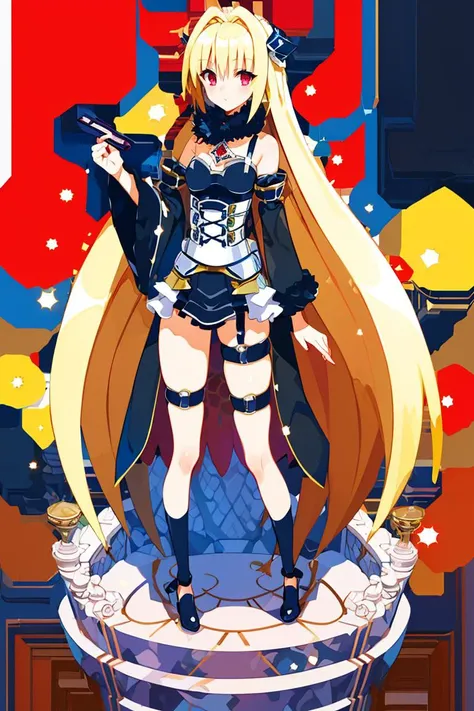 <lora:Harada_Takehito_Background_Dim32:1>, ((masterpiece,best quality)), absurdres, (finely detailed beautiful eyes: 1.2), phyami, yaminor, 1girl, solo, blonde hair, long hair, red eyes, thigh strap, very long hair, detached sleeves, black dress, <lora:yami-v1:1.0>,contrapposto