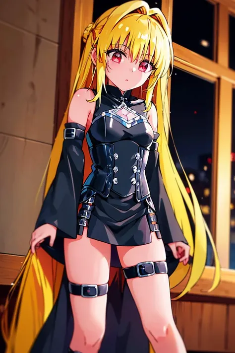 <lora:hoshino_fuuta_style:0.8>,(masterpiece:1.6, best quality), (finely detailed beautiful eyes: 1.2), phyami, yaminor, 1girl, solo, blonde hair, long hair,  red eyes, thigh strap, very long hair, detached sleeves, black dress,  <lora:yami-v1:1.0>,contrapposto