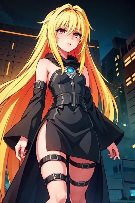 ((masterpiece,best quality)), absurdres, (finely detailed beautiful eyes: 1.2), phyami, yaminor, 1girl, solo, blonde hair, long hair, red eyes, thigh strap, very long hair, detached sleeves, black dress, <lora:yami-v1:1.0>,