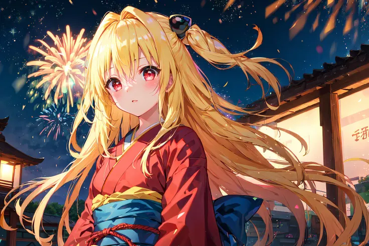 (masterpiece:1.6, best quality), (finely detailed beautiful eyes: 1.2),(phyami,yamisch,yaminor,phyami, 1girl, long hair, solo, hair ornament, two side up, blonde hair, red eyes, hair ornament), kimono,clogs,arms and hands behind back,blush, outdoors,paper lantern,(lens flare),(fireworks,night sky),dazzling ligh,<lora:yami-v1:1.0>