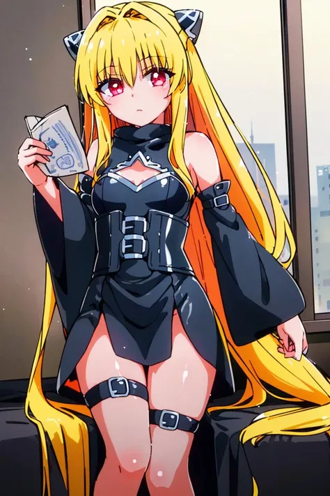 <lora:hoshino_fuuta_style:0.8>,(masterpiece:1.6, best quality), (finely detailed beautiful eyes: 1.2), phyami, yaminor, 1girl, solo, blonde hair, long hair, red eyes, thigh strap, very long hair, detached sleeves, black dress, <lora:yami-v1:1.0>,contrapposto