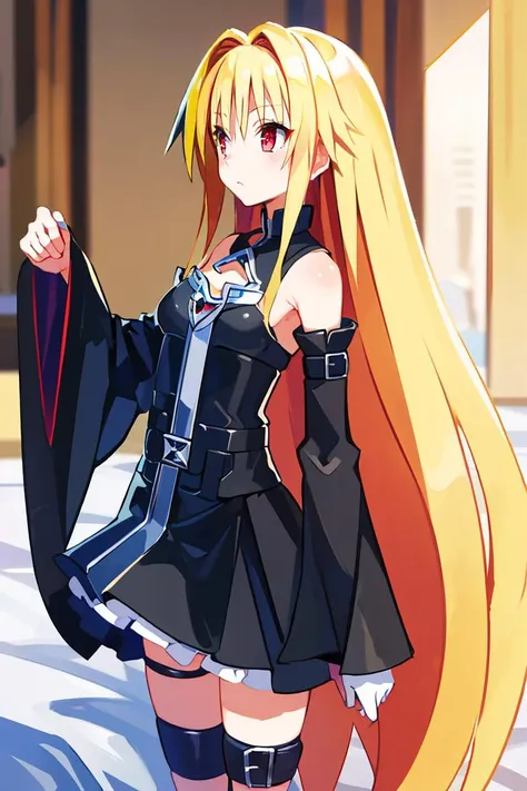<lora:Harada_Takehito_Style_Dim32:0.8>, ((masterpiece,best quality)), absurdres, (finely detailed beautiful eyes: 1.2), phyami, yaminor, 1girl, solo, blonde hair, long hair, red eyes, thigh strap, very long hair, detached sleeves, black dress, <lora:yami-v1:1.0>,contrapposto