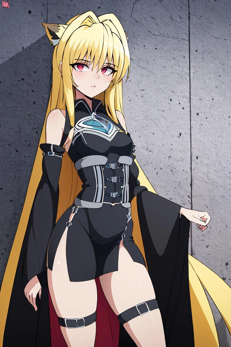 <lora:Bigdead_Style_Dim32:0.8>, ((masterpiece,best quality)), absurdres, (finely detailed beautiful eyes: 1.2), phyami, yaminor, 1girl, solo, blonde hair, long hair, red eyes, thigh strap, very long hair, detached sleeves, black dress, <lora:yami-v1:1.0>,contrapposto