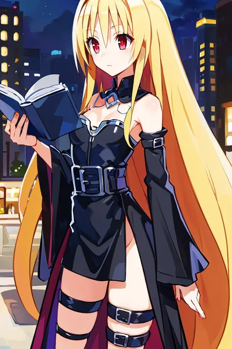 (masterpiece:1.6, best quality), (finely detailed beautiful eyes: 1.2), phyami, yaminor, 1girl, solo, blonde hair, long hair, red eyes, thigh strap, very long hair, detached sleeves, black dress, <lora:yami-v1:1.0>,contrapposto