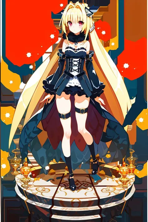 <lora:Harada_Takehito_Background_Dim32:1>, ((masterpiece,best quality)), absurdres, (finely detailed beautiful eyes: 1.2), phyami, yaminor, 1girl, solo, blonde hair, long hair, red eyes, thigh strap, very long hair, detached sleeves, black dress, <lora:yami-v1:1.0>,contrapposto