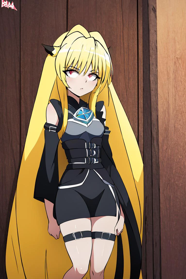 <lora:Bigdead_Style_Dim32:1>, ((masterpiece,best quality)), absurdres, (finely detailed beautiful eyes: 1.2), phyami, yaminor, 1girl, solo, blonde hair, long hair, red eyes, thigh strap, very long hair, detached sleeves, black dress, <lora:yami-v1:1.0>,contrapposto