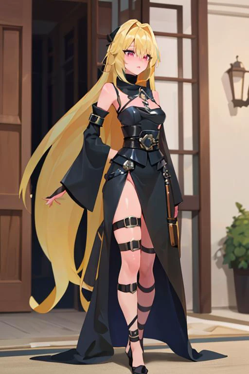 <lora:Iota:0.6>, , ((masterpiece,best quality)), absurdres, (finely detailed beautiful eyes: 1.2), phyami, yaminor, 1girl, solo, blonde hair, long hair, red eyes, thigh strap, very long hair, detached sleeves, black dress, <lora:yami-v1:1.0>,