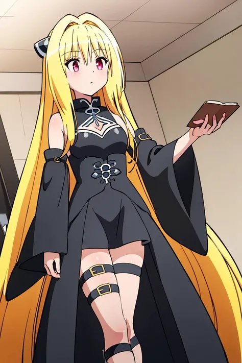 <lora:Gamma:0.8>, , ((masterpiece,best quality)), absurdres, (finely detailed beautiful eyes: 1.2), phyami, yaminor, 1girl, solo, blonde hair, long hair, red eyes, thigh strap, very long hair, detached sleeves, black dress, <lora:yami-v1:1.0>,
