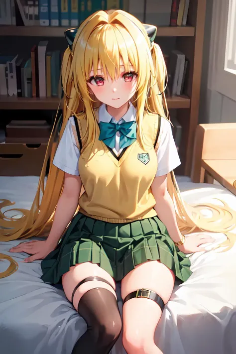 (masterpiece:1.6, best quality), (finely detailed beautiful eyes: 1.2), phyami, yamisch, 1girl, long hair, solo, school uniform, hair ornament, hair between eyes, two side up, blonde hair, very long hair, skirt, red eyes, thigh strap, sweater vest, plaid skirt, plaid, socks, two side up, hair ornament, pleated skirt, kneehighs
, <lora:yami-1:0.9>,