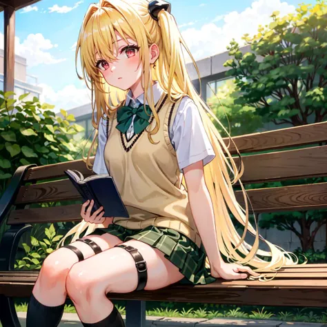 <lora:yami-v1:1>,phyami, yamisch, 1girl, long hair, solo, school uniform, hair ornament, hair between eyes, two side up, blonde hair, very long hair, skirt, red eyes, thigh strap, sweater vest, plaid skirt, plaid, black socks, two side up, hair ornament, pleated skirt, kneehighs,
BREAK,
8k,  masterpiece, best quality,ultra-detailed, an extremely delicate and beautiful, beautiful detailed eyes, beautiful detailed glow, High-key lighting, <lora:GoodHands-beta2:1>,
(expressionless),
holding book,
courtyard,
sitting on bench,
midday,
cowboy shot,