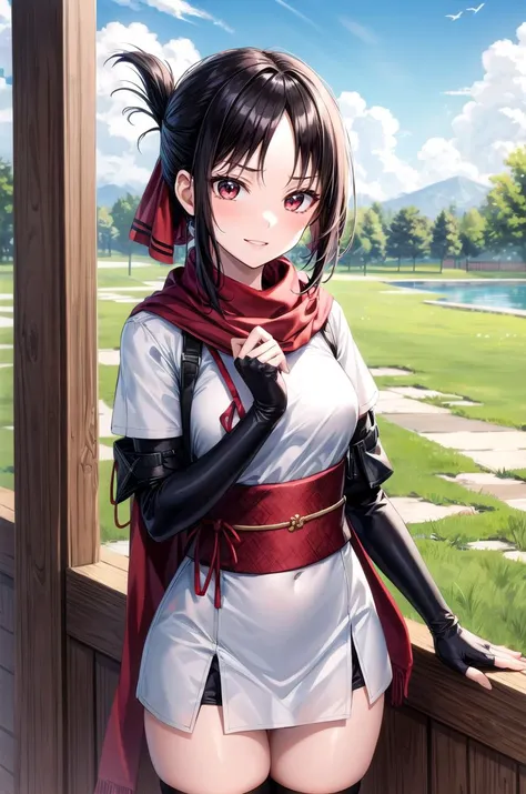 (masterpiece, best quality, detailed), 1girl, solo, shinomiya_kaguya, parted bangs, ribbon, red ribbon, hair ribbon, sidelocks, folded ponytail, short hair, outdoors, garden, grass, sunlight, day, blue sky, cowboy shot, smirk, parted lips,
ninja, fishnets, arm guards, japanese clothes, thighhighs, red scarf, fingerless gloves, sash