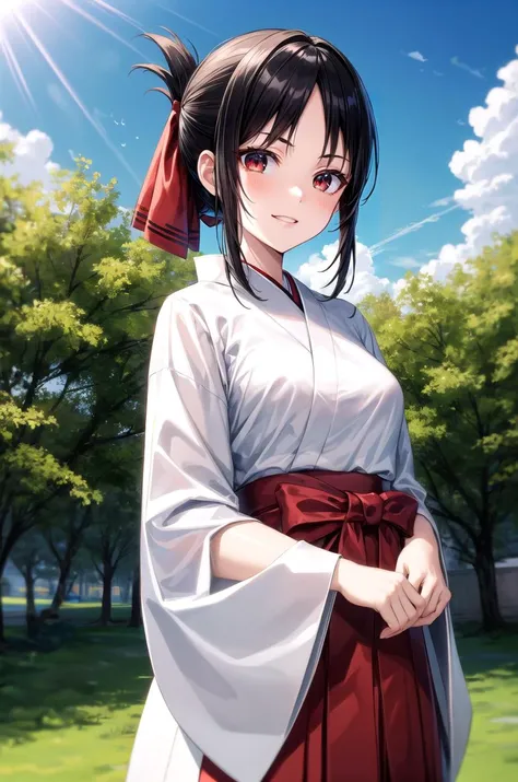 (masterpiece, best quality, detailed), 1girl, solo, shinomiya_kaguya, parted bangs, ribbon, red ribbon, hair ribbon, sidelocks, folded ponytail, short hair, outdoors, garden, grass, sunlight, day, blue sky, cowboy shot, smirk, parted lips,
miko, japanese clothes, red hakama, hakama skirt, wide sleeves, white kimono, ribbon trim