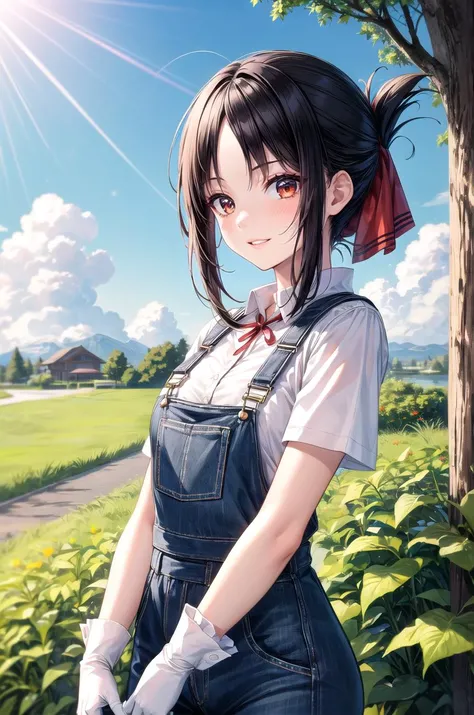 (masterpiece, best quality, detailed), 1girl, solo, shinomiya_kaguya, parted bangs, ribbon, red ribbon, hair ribbon, sidelocks, folded ponytail, short hair, outdoors, garden, grass, sunlight, day, blue sky, cowboy shot, smirk, parted lips,
overalls, white shirt, short sleeves, white gloves