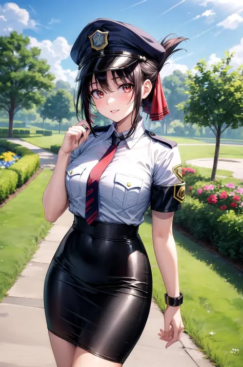 (masterpiece, best quality, detailed), 1girl, solo, shinomiya_kaguya, parted bangs, ribbon, red ribbon, hair ribbon, sidelocks, folded ponytail, short hair, outdoors, garden, grass, sunlight, day, blue sky, cowboy shot, smirk, parted lips,
policewoman, police uniform, police hat, necktie, pencil skirt, armband