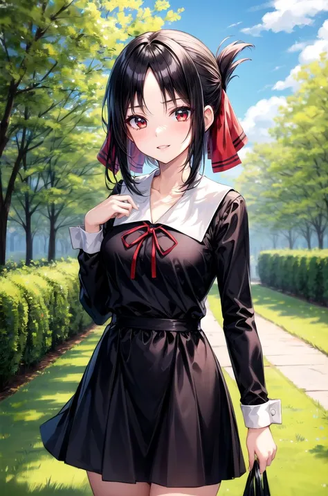 (masterpiece, best quality, detailed), 1girl, solo, shinomiya_kaguya, parted bangs, ribbon, red ribbon, hair ribbon, sidelocks, folded ponytail, short hair, outdoors, garden, grass, sunlight, day, blue sky, cowboy shot, smirk, parted lips.
dress, black dress, school uniform, shuuchiin academy school uniform, collarbone, long sleeves, neck ribbon