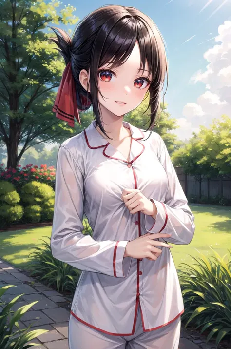 (masterpiece, best quality, detailed), 1girl, solo, shinomiya_kaguya, parted bangs, ribbon, red ribbon, hair ribbon, sidelocks, folded ponytail, short hair, outdoors, garden, grass, sunlight, day, blue sky, cowboy shot, smirk, parted lips.
pajamas, sleepy, nightcap