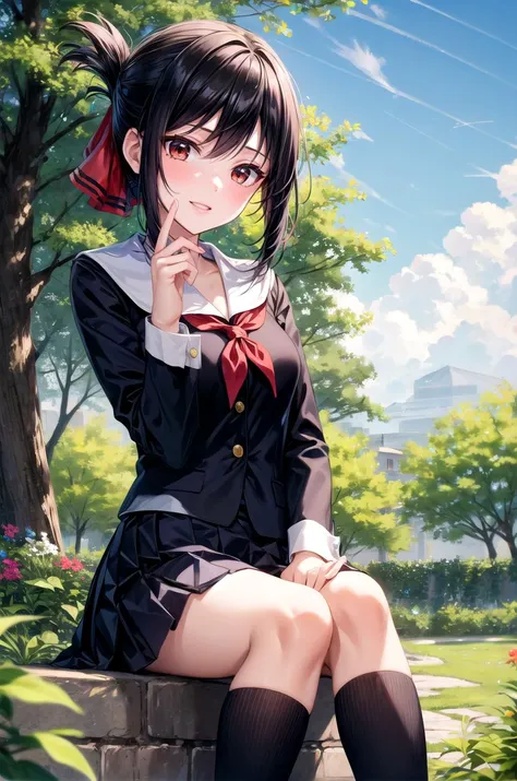 (masterpiece, best quality, detailed), 1girl, solo, shinomiya_kaguya, parted bangs, ribbon, red ribbon, hair ribbon, sidelocks, folded ponytail, short hair, outdoors, garden, grass, sunlight, day, blue sky, cowboy shot, smirk, parted lips,
school uniform, serafuku, pleated skirt, neckerchief, blazer, kneehighs, loafers