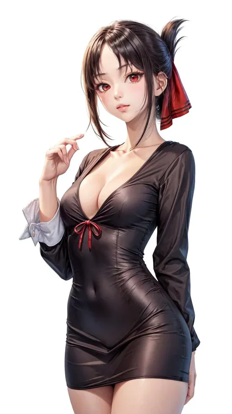 (1girl, solo, masterpiece, 4k, best quality:1.2, (cowboy shot), best quality:1.2, NICE HANDS, COLORFUL, (perfect hands, perfect anatomy)),
shinomiya_kaguya, parted bangs, ribbon, red ribbon, hair ribbon, sidelocks, folded ponytail, dress, short hair, black dress, school uniform, shuuchiin academy school uniform, collarbone, long sleeves, neck ribbon, (((SMALL breasts, big hips, looking at the viewer, CLEAVAGE, TIGHT DRESS)), (((CLEAVAGE))),
((simple background, white background)), <lora:GoodHands-vanilla:0.7>