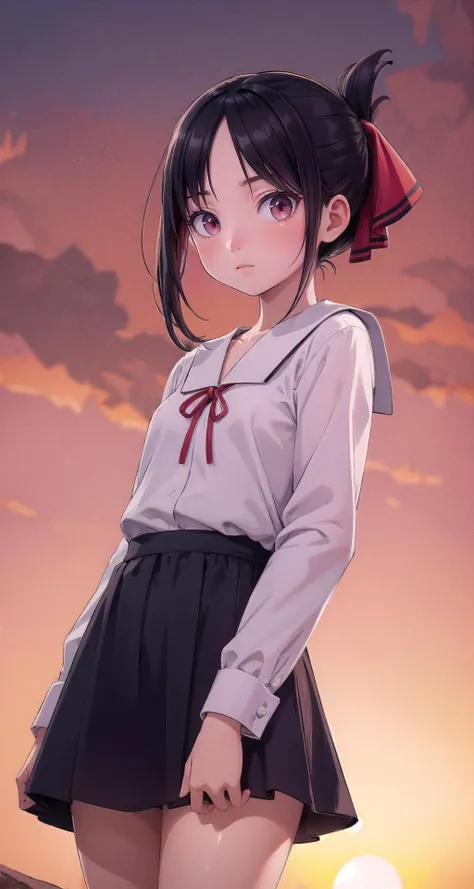 ((masterpiece,intricate details)),1girl,mature female
BREAK
<lora:shinomiya_kaguya:0.8>, shinomiya_kaguya, parted bangs, ribbon, red ribbon, hair ribbon, sidelocks, folded ponytail, dress, short hair, black dress, school uniform, shuuchiin academy school uniform, collarbone, long sleeves, neck ribbon, small breasts
BREAK
breathtaking orange and pink hues of Morocco's Sahara Desert at sunrise, casting a warm and ethereal glow,((cowboy shot)),from below:1.2,depth of field,looking at viewer,