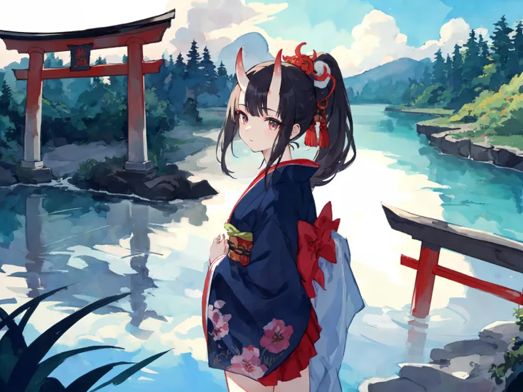illustration, watercolor, ink, depth of field, intense shadow, oni, oni horns, 1girl, solo, kimono, ponytail, long hair, black hair, miniskirt, river, forest, shrine, torii, cloud
