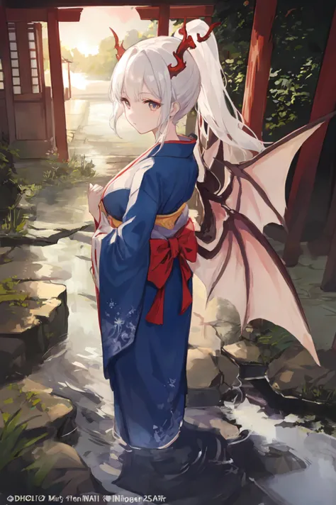 watercolor, ink, original, illustration, dynamic angle, depth of field, dragon girl, dragon wings, close-up, looking at viewer BREAK
In the tranquil surroundings of a shrine adorned with torii gates, a delightful young girl captures attention with her enchanting features. Sporting adorable dragon wings, a gracefully swaying dragon tail, and delicate dragon horns, she exudes an air of mystical charm. Her lustrous, flowing hair cascades down her back, elegantly secured in a high ponytail. Dressed in a traditional kimono, she gracefully walks along the stone path, bathed in the warm hues of the setting sun. The gentle rays of twilight filter through the dense foliage, casting a luminous glow upon the pebbled trail and the nearby babbling brook, as if to frame her captivating beauty. BREAK
1girl, ponytail, long hair, dragon wings, dragon tail, dragon horns