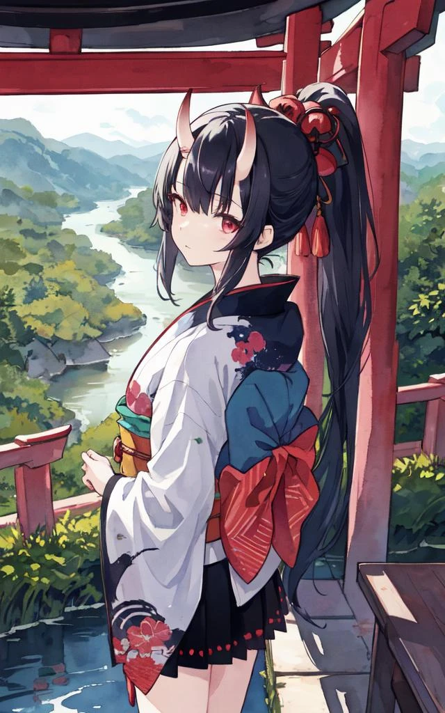 illustration, watercolor, ink, depth of field, intense shadow, oni, oni horns, 1girl, solo, kimono, ponytail, long hair, black hair, miniskirt, river, forest, shrine, torii, cloud, megazine cover