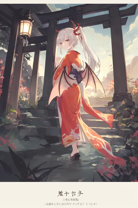watercolor, ink, original, illustration, dynamic angle, depth of field, dragon girl, dragon wings, close-up, looking at viewer BREAK
In the tranquil surroundings of a shrine adorned with torii gates, a delightful young girl captures attention with her enchanting features. Sporting adorable dragon wings, a gracefully swaying dragon tail, and delicate dragon horns, she exudes an air of mystical charm. Her lustrous, flowing hair cascades down her back, elegantly secured in a high ponytail. Dressed in a traditional kimono, she gracefully walks along the stone path, bathed in the warm hues of the setting sun. The gentle rays of twilight filter through the dense foliage, casting a luminous glow upon the pebbled trail and the nearby babbling brook, as if to frame her captivating beauty. BREAK
1girl, ponytail, long hair, dragon wings, dragon tail, dragon horns
