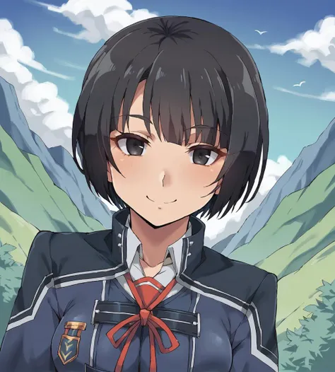 score_9, score_8_up, score_7_up, score_6_up, score_5_up, score_4_up, source_anime, rating_safe
BREAK,
<lora:TrailsOfColdSteel-ThorsNPCs-3-000015:0.8>, Maya, black hair, short hair, bob cut, black eyes, blue school uniform, black socks, loafers, thigh strap
BREAK,
looking at viewer, smile,
upper body, portrait, front view,
BREAK,
1girl, outdoors, sky, clouds, distant mountains,
BREAK,
minakami_\(flyingman555\),<lora:Smooth Anime Style LoRA XL:0.7>