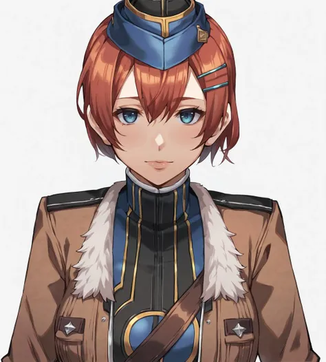 score_9, score_8_up, score_7_up, score_6_up, score_5_up, score_4_up, source_anime, rating_safe
BREAK,
<lora:TrailsOfColdSteel-ThorsNPCs-3-000015:0.8>, Emily, short hair, red hair, hair ornament, hairclip, blue eyes, medium breasts, garrison cap, brown jacket, blue military uniform, brown belt, blue skirt, black pantyhose, black boots, white gloves,
BREAK,
looking at viewer, upper body, portrait, front view,
BREAK,
1girl, solo, simple background,
BREAK,
<lora:Smooth Anime Style LoRA XL:0.7>