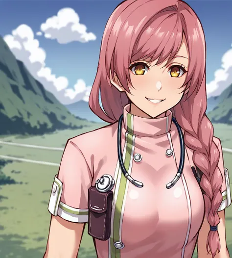 score_9, score_8_up, score_7_up, score_6_up, score_5_up, score_4_up, source_anime, rating_safe
BREAK,
<lora:TrailsOfColdSteel-ThorsNPCs-3-000015:0.8>, Linde, pink hair, long hair, yellow eyes, braid, medium breasts, nurse, pink nurse outfit, pink skirt, stethoscope, purple belt, pouch, black pantyhose, white shoes,
BREAK,
looking at viewer, smile,
upper body, portrait, front view,
BREAK,
1girl, outdoors, sky, clouds, distant mountains,
BREAK,
<lora:cyberboi:1>,, <lora:Smooth Anime Style LoRA XL:0.7>