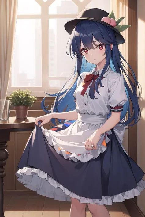 tenshihinanawi, <lyco:tenshihinanawi-lyco-nochekaiser:1>,
tenshi hinanawi, long hair, bangs, (red eyes:1.5), blue hair,
BREAK skirt, shirt, hat, bow, white shirt, short sleeves, boots, frills, food, puffy sleeves, bowtie, apron, puffy short sleeves, blue skirt, black headwear, fruit, leaf, brown footwear, frilled skirt, cross-laced footwear, peach, (rainbow order:1.5),
BREAK looking at viewer, full body,
BREAK indoors,
BREAK <lyco:GoodHands-beta2:1>, (masterpiece:1.2), best quality, high resolution, unity 8k wallpaper, (illustration:0.8), (beautiful detailed eyes:1.6), extremely detailed face, perfect lighting, extremely detailed CG, (perfect hands, perfect anatomy),