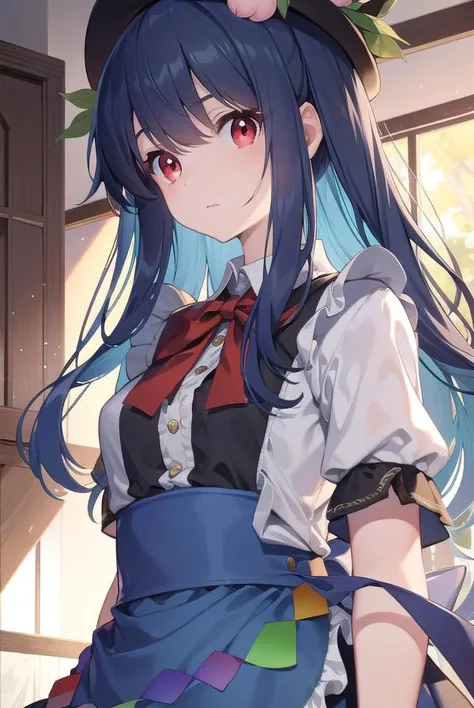 tenshihinanawi, <lyco:tenshihinanawi-lyco-nochekaiser:1>,
tenshi hinanawi, long hair, bangs, (red eyes:1.5), blue hair,
BREAK skirt, shirt, hat, bow, white shirt, short sleeves, boots, frills, food, puffy sleeves, bowtie, apron, puffy short sleeves, blue skirt, black headwear, fruit, leaf, brown footwear, frilled skirt, cross-laced footwear, peach, (rainbow order:1.5),
BREAK looking at viewer, full body,
BREAK indoors,
BREAK <lyco:GoodHands-beta2:1>, (masterpiece:1.2), best quality, high resolution, unity 8k wallpaper, (illustration:0.8), (beautiful detailed eyes:1.6), extremely detailed face, perfect lighting, extremely detailed CG, (perfect hands, perfect anatomy),