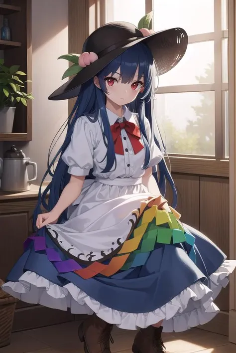 tenshihinanawi, <lyco:tenshihinanawi-lyco-nochekaiser:1>,
tenshi hinanawi, long hair, bangs, (red eyes:1.5), blue hair,
BREAK skirt, shirt, hat, bow, white shirt, short sleeves, boots, frills, food, puffy sleeves, bowtie, apron, puffy short sleeves, blue skirt, black headwear, fruit, leaf, brown footwear, frilled skirt, cross-laced footwear, peach, (rainbow order:1.5),
BREAK looking at viewer, full body,
BREAK indoors,
BREAK <lyco:GoodHands-beta2:1>, (masterpiece:1.2), best quality, high resolution, unity 8k wallpaper, (illustration:0.8), (beautiful detailed eyes:1.6), extremely detailed face, perfect lighting, extremely detailed CG, (perfect hands, perfect anatomy),