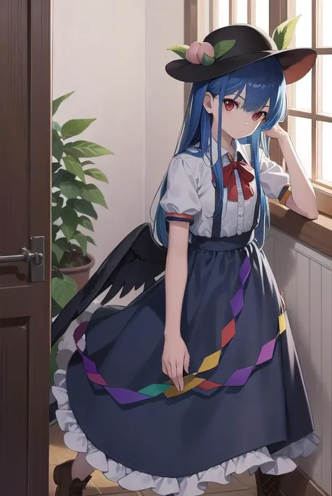 tenshihinanawi, <lyco:tenshihinanawi-lyco-nochekaiser:1>,
tenshi hinanawi, long hair, bangs, (red eyes:1.5), blue hair,
BREAK skirt, shirt, hat, bow, white shirt, short sleeves, boots, frills, food, puffy sleeves, bowtie, apron, puffy short sleeves, blue skirt, black headwear, fruit, leaf, brown footwear, frilled skirt, cross-laced footwear, peach, (rainbow order:1.5),
BREAK looking at viewer, full body,
BREAK indoors,
BREAK <lyco:GoodHands-beta2:1>, (masterpiece:1.2), best quality, high resolution, unity 8k wallpaper, (illustration:0.8), (beautiful detailed eyes:1.6), extremely detailed face, perfect lighting, extremely detailed CG, (perfect hands, perfect anatomy),