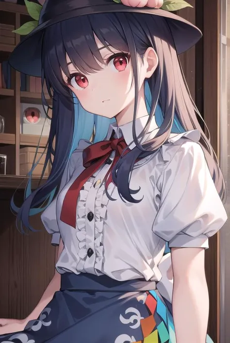 tenshihinanawi, <lyco:tenshihinanawi-lyco-nochekaiser:1>,
tenshi hinanawi, long hair, bangs, (red eyes:1.5), blue hair,
BREAK skirt, shirt, hat, bow, white shirt, short sleeves, boots, frills, food, puffy sleeves, bowtie, apron, puffy short sleeves, blue skirt, black headwear, fruit, leaf, brown footwear, frilled skirt, cross-laced footwear, peach, (rainbow order:1.5),
BREAK looking at viewer, full body,
BREAK indoors,
BREAK <lyco:GoodHands-beta2:1>, (masterpiece:1.2), best quality, high resolution, unity 8k wallpaper, (illustration:0.8), (beautiful detailed eyes:1.6), extremely detailed face, perfect lighting, extremely detailed CG, (perfect hands, perfect anatomy),
