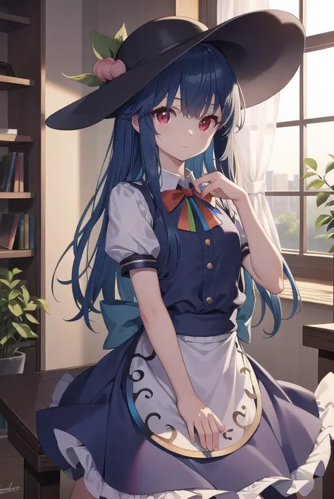 tenshihinanawi, <lyco:tenshihinanawi-lyco-nochekaiser:1>,
tenshi hinanawi, long hair, bangs, (red eyes:1.5), blue hair,
BREAK skirt, shirt, hat, bow, white shirt, short sleeves, boots, frills, food, puffy sleeves, bowtie, apron, puffy short sleeves, blue skirt, black headwear, fruit, leaf, brown footwear, frilled skirt, cross-laced footwear, peach, (rainbow order:1.5),
BREAK looking at viewer, full body,
BREAK indoors,
BREAK <lyco:GoodHands-beta2:1>, (masterpiece:1.2), best quality, high resolution, unity 8k wallpaper, (illustration:0.8), (beautiful detailed eyes:1.6), extremely detailed face, perfect lighting, extremely detailed CG, (perfect hands, perfect anatomy),