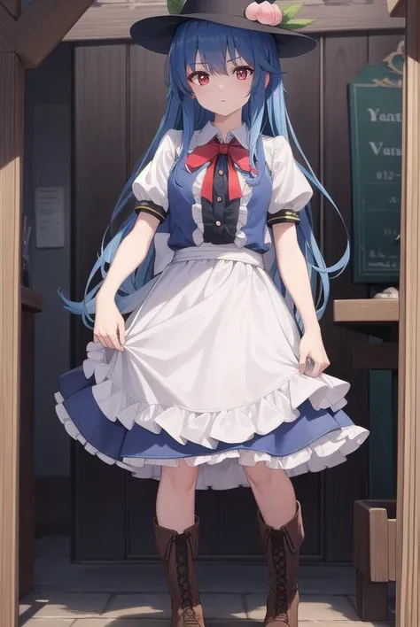 tenshihinanawi, <lyco:tenshihinanawi-lyco-nochekaiser:1>,
tenshi hinanawi, long hair, bangs, (red eyes:1.5), blue hair,
BREAK skirt, shirt, hat, bow, white shirt, short sleeves, boots, frills, food, puffy sleeves, bowtie, apron, puffy short sleeves, blue skirt, black headwear, fruit, leaf, brown footwear, frilled skirt, cross-laced footwear, peach, (rainbow order:1.5),
BREAK looking at viewer, full body,
BREAK indoors,
BREAK <lyco:GoodHands-beta2:1>, (masterpiece:1.2), best quality, high resolution, unity 8k wallpaper, (illustration:0.8), (beautiful detailed eyes:1.6), extremely detailed face, perfect lighting, extremely detailed CG, (perfect hands, perfect anatomy),
