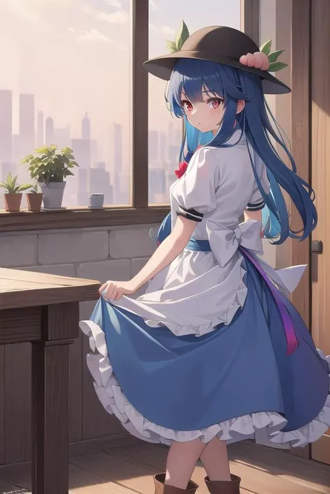 tenshihinanawi, <lyco:tenshihinanawi-lyco-nochekaiser:1>,
tenshi hinanawi, long hair, bangs, (red eyes:1.5), blue hair,
BREAK skirt, shirt, hat, bow, white shirt, short sleeves, boots, frills, food, puffy sleeves, bowtie, apron, puffy short sleeves, blue skirt, black headwear, fruit, leaf, brown footwear, frilled skirt, cross-laced footwear, peach, (rainbow order:1.5),
BREAK looking at viewer, full body,
BREAK indoors,
BREAK <lyco:GoodHands-beta2:1>, (masterpiece:1.2), best quality, high resolution, unity 8k wallpaper, (illustration:0.8), (beautiful detailed eyes:1.6), extremely detailed face, perfect lighting, extremely detailed CG, (perfect hands, perfect anatomy),