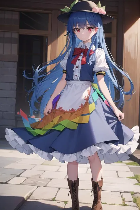 tenshihinanawi, <lyco:tenshihinanawi-lyco-nochekaiser:1>,
tenshi hinanawi, long hair, bangs, (red eyes:1.5), blue hair,
BREAK skirt, shirt, hat, bow, white shirt, short sleeves, boots, frills, food, puffy sleeves, bowtie, apron, puffy short sleeves, blue skirt, black headwear, fruit, leaf, brown footwear, frilled skirt, cross-laced footwear, peach, (rainbow order:1.5),
BREAK looking at viewer, full body,
BREAK indoors,
BREAK <lyco:GoodHands-beta2:1>, (masterpiece:1.2), best quality, high resolution, unity 8k wallpaper, (illustration:0.8), (beautiful detailed eyes:1.6), extremely detailed face, perfect lighting, extremely detailed CG, (perfect hands, perfect anatomy),