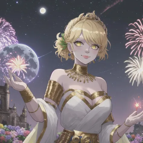 hades-65800, 1girl, aurora, bangs, bare_shoulders, blonde_hair, blush, breasts, city_lights, cleavage, closed_mouth, constellation, detached_sleeves, dress, fireworks, flower, full_moon, galaxy, hair_flower, hair_ornament, light_particles, looking_at_viewer, medium_breasts, milky_way, moon, night, night_sky, planet, shooting_star, sidelocks, sky, skyline, smile, solo, space, starry_sky, starry_sky_print, white_dress, white_flower, yellow_eyes