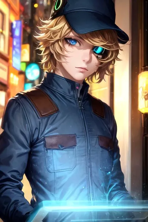 masterpiece, best quality, photorealistic, 1boy, solo, male focus, looking at viewer, , depth of field, <lora:hacker_akudama_drive:0.68>, hacker_akudama_drive, blonde hair, blue eyes, colored sclera, hat, day of the dead costume, The City of Mirrors,
