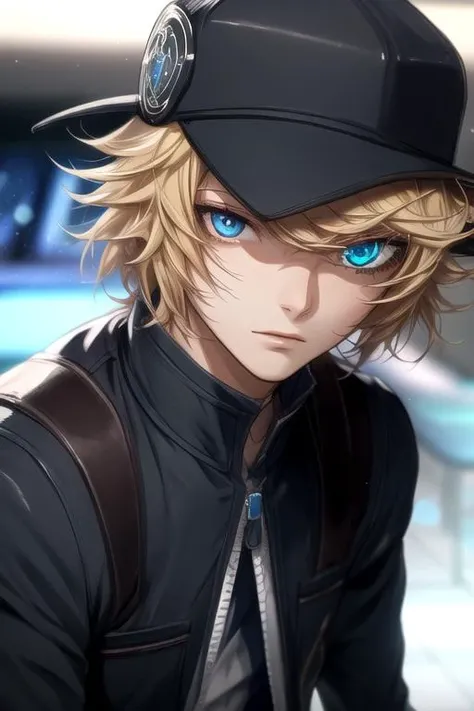 masterpiece, best quality, sketch, 1boy, solo, male focus, looking at viewer, , depth of field, <lora:hacker_akudama_drive:0.68>, hacker_akudama_drive, blonde hair, blue eyes, colored sclera, hat, , aztec, High resolution