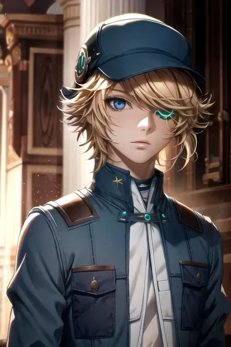 masterpiece, best quality, game cg, 1boy, solo, male focus, looking at viewer, upper body, depth of field, <lora:hacker_akudama_drive:0.74>, hacker_akudama_drive, blonde hair, blue eyes, colored sclera, hat, fairy tale costume, , 16k resolution