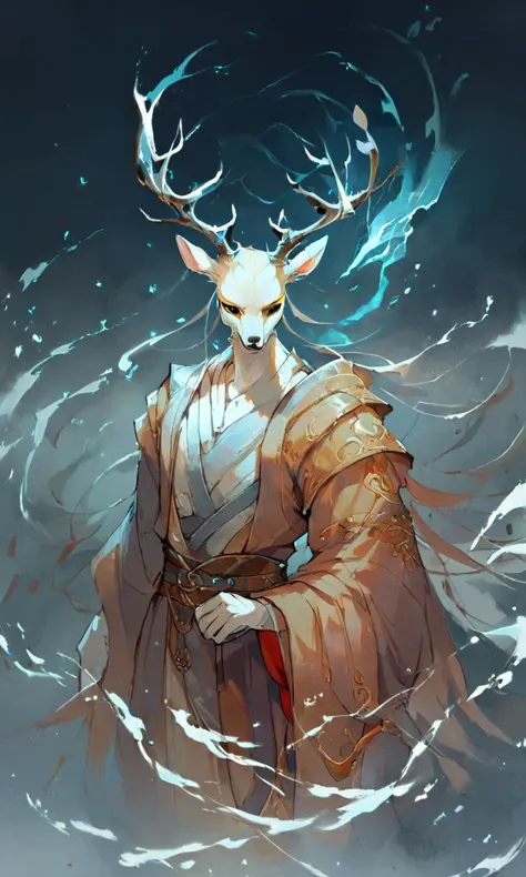 a drawing of a deer with horns and a robe in the water